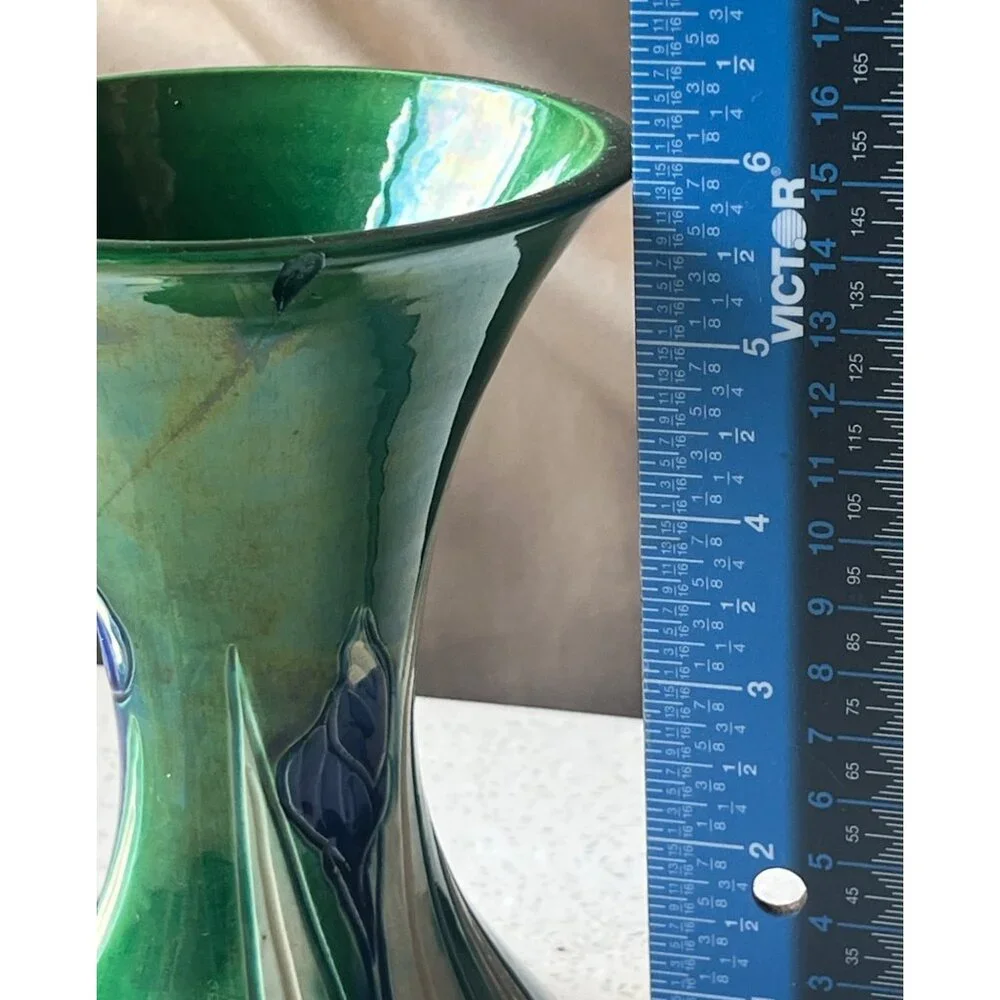 Awaji Green Ceramic Vase With Blue Iris Motif 6